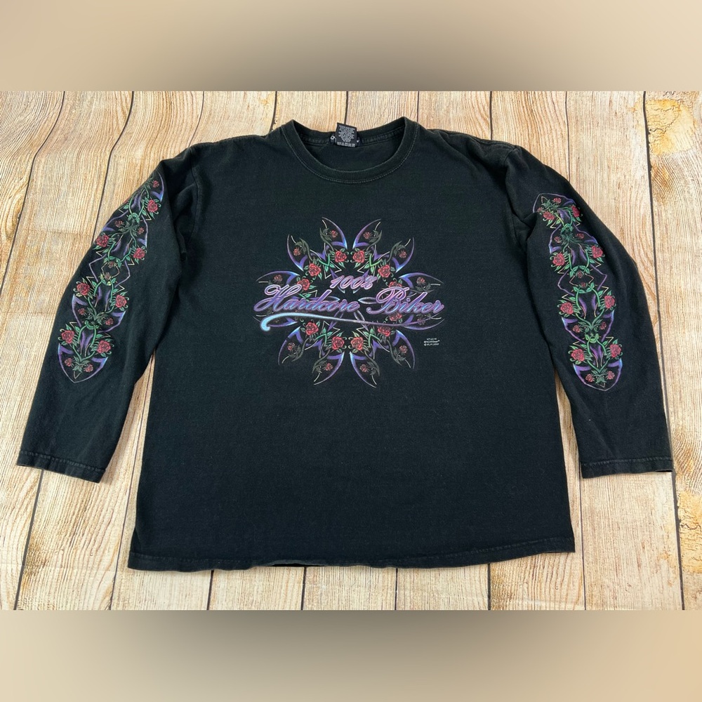 Vintage Quail Hollow Hardcore Biker Tribal Rose Sleeve Graphic Size Large